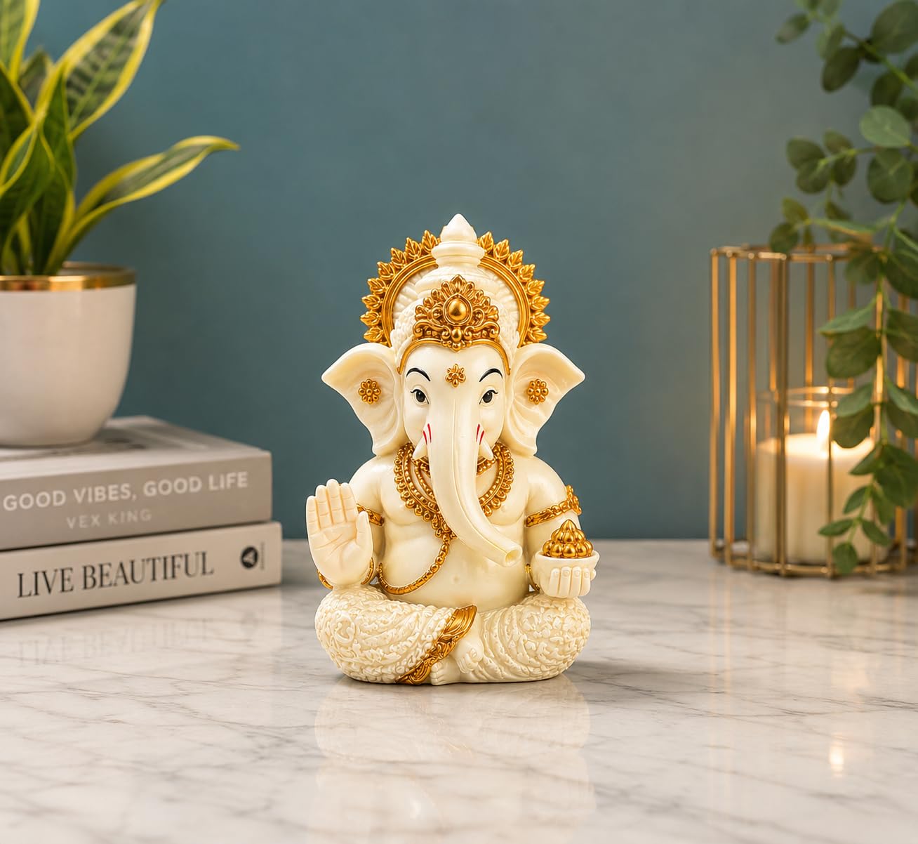 eCraftIndia Peach Ivory Finish Lord Ganesha Statue for Car Dashboard, Home Decor, Office Desk & Puja Room | Ganesh Murti Gift