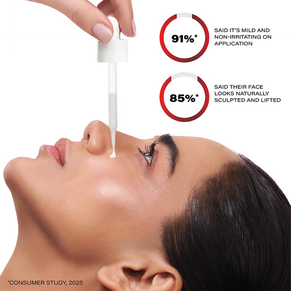 Woman applying a skincare product with text about product effectiveness on a white background