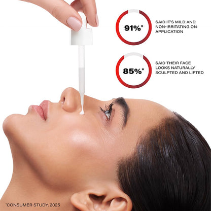 Woman applying a skincare product with text about product effectiveness on a white background