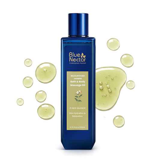 Blue Nectar Jasmine Herbal Body Oil | Natural Massage Oil for Full Body Relax & Glow | Ashwagandha & Sesame After Bath Body Oil for Women & Men (8 herbs, 200ml)