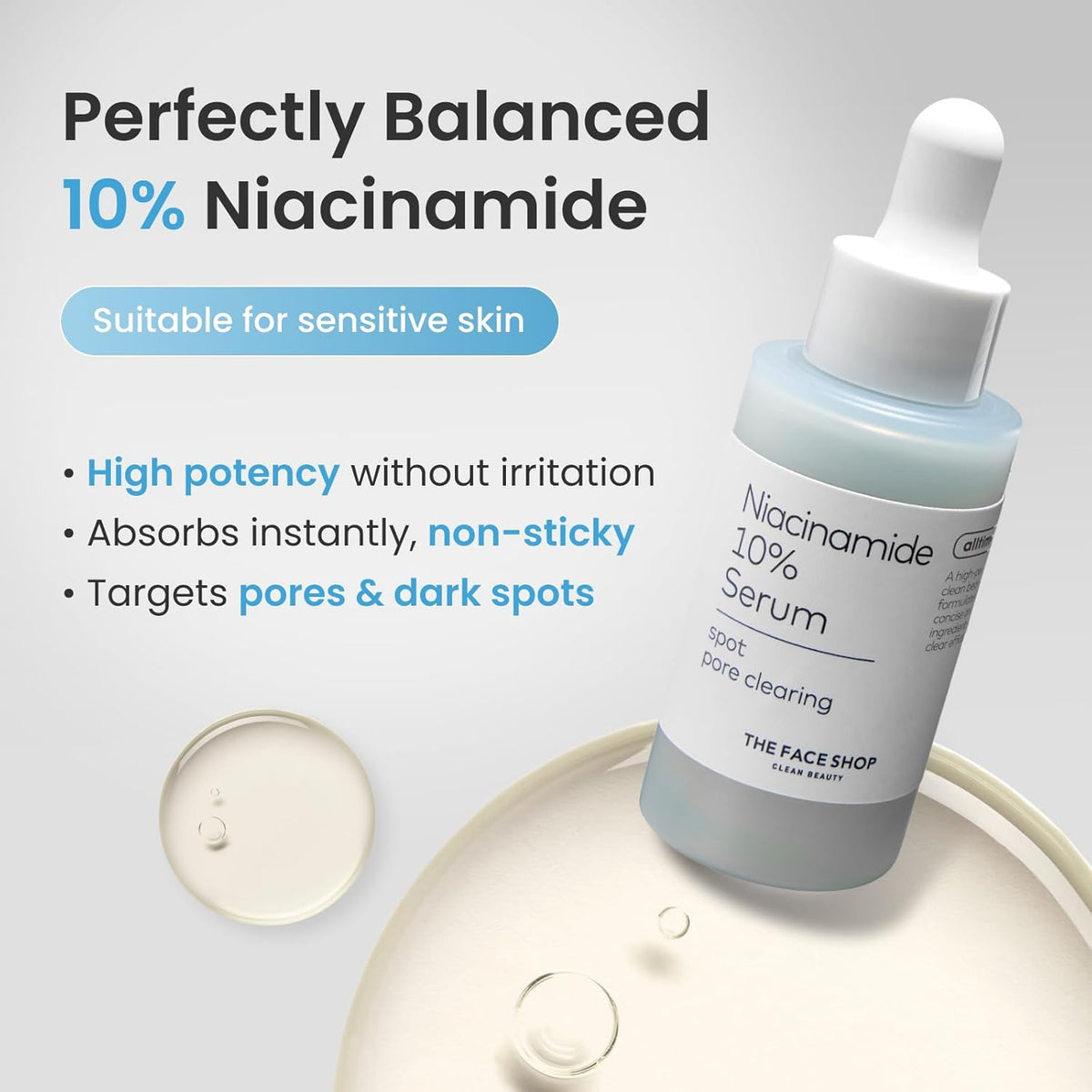 Niacinamide serum bottle with dropper on a light gray background