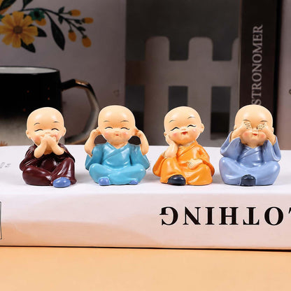 Resin Buddha Monk Statues, Small, Multicolour, Set of 4 Buddha Figurine Good Luck Sculpture Decoration for Indoor Outdoor Garden car Dashboard Porch Yard Art Decor