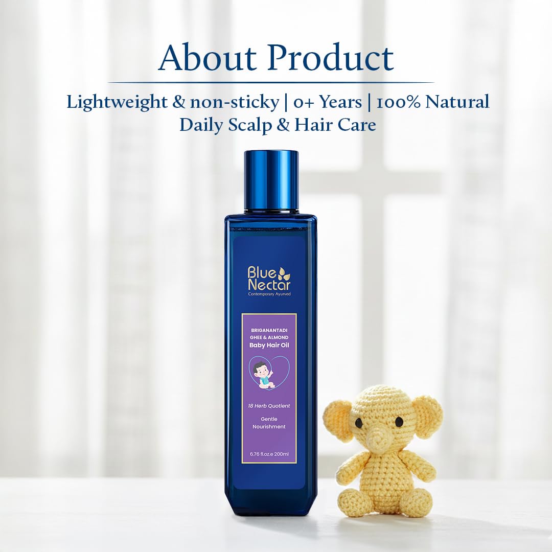 Blue Nectar Ayurvedic Baby Hair Oil with Ghee for Healthy Scalp. 100% Natural Baby Hair Growth Oil with Almond Oil and Olive Oil for Scalp Hydration and Nourishment (18 Herbs, 100 ml )