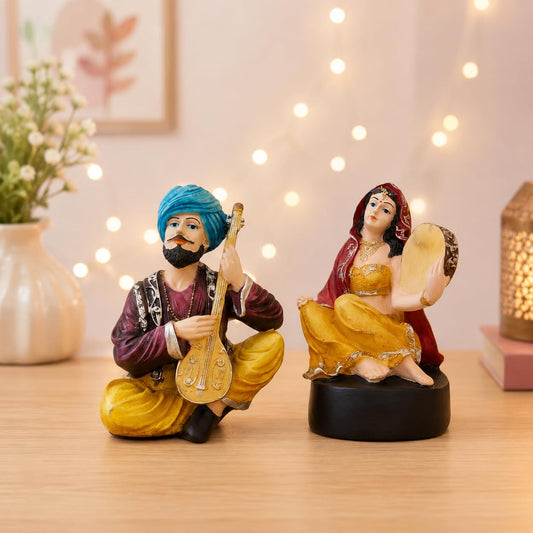 Resin Rajasthani Traditional Couple with Musical Instruments for Home Decor - (Set of 2, Multicolor)