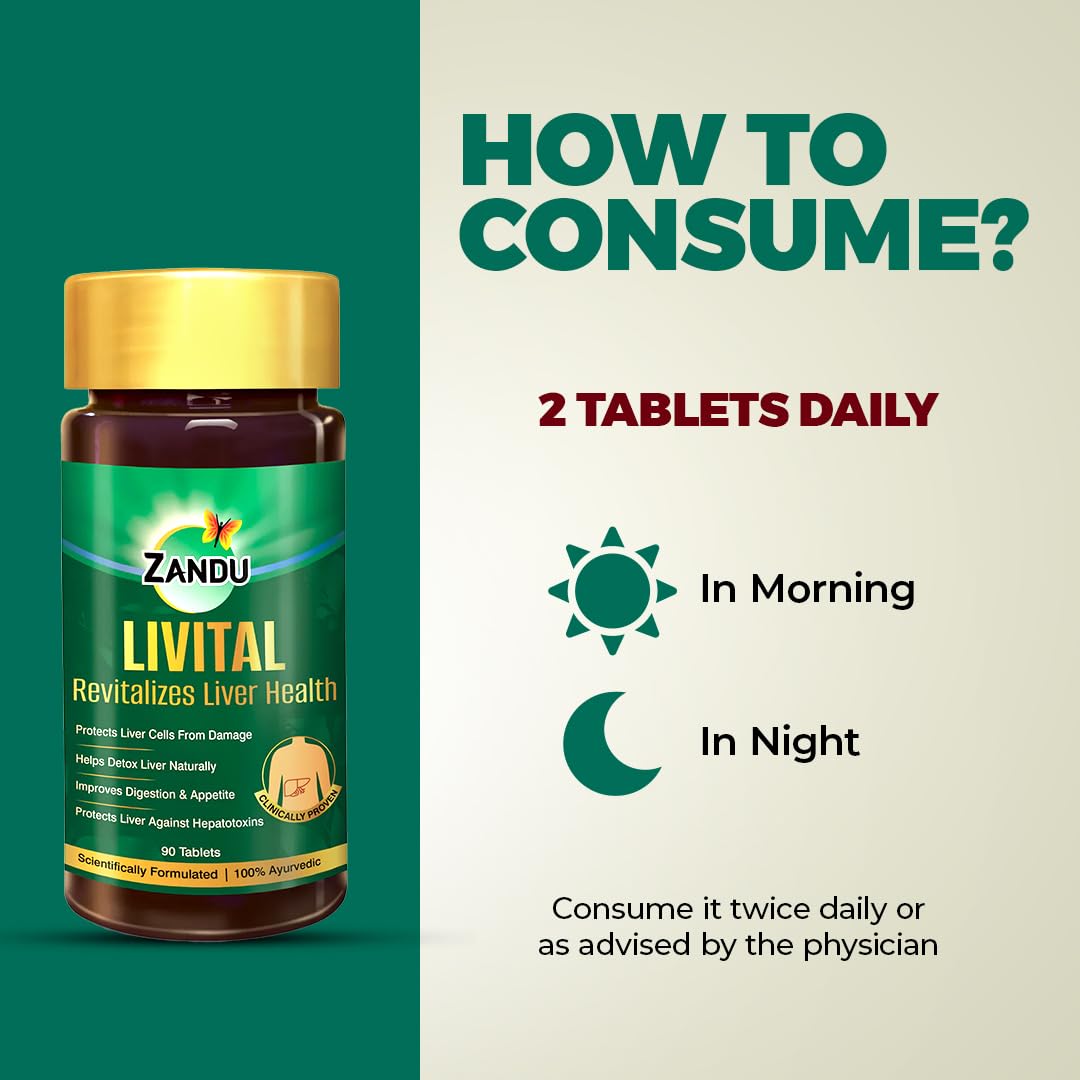 Zandu LIVITAL supplement bottle with consumption instructions on a green and beige background