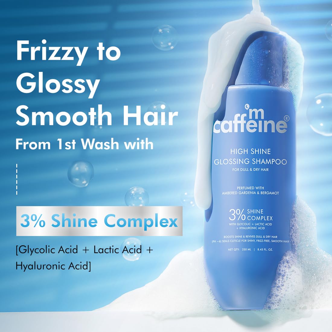 Caffeine High Shine Glossing Shampoo bottle with text on a blue background