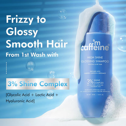 Caffeine High Shine Glossing Shampoo bottle with text on a blue background