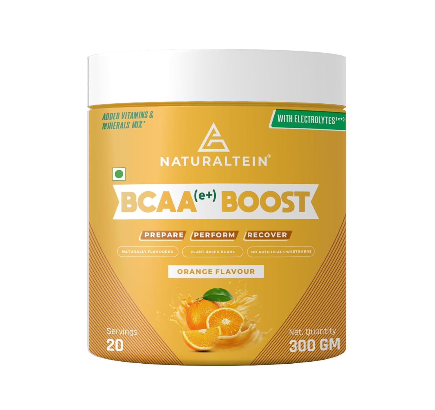 Yellow container of Naturaltein BCAA Boost with orange flavor on a white background