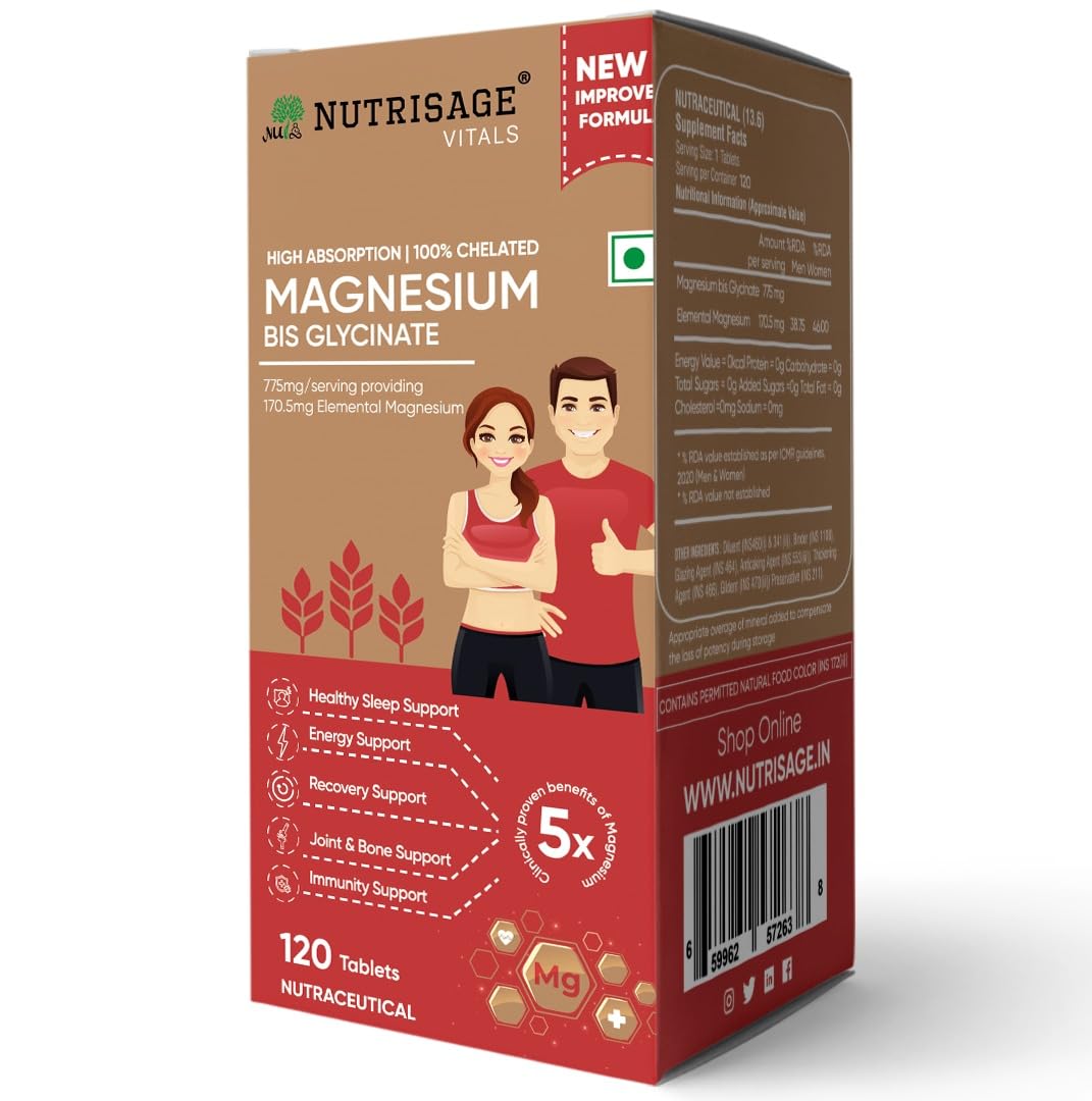 Magnesium Bisglycinate 775 mg per Tablet | Provides 170.5 mg Elemental Magnesium | 100% Chelated High Absorption | Sleep, Muscle Recovery, Stress, Bone & Nerve Support | 120 Tablets