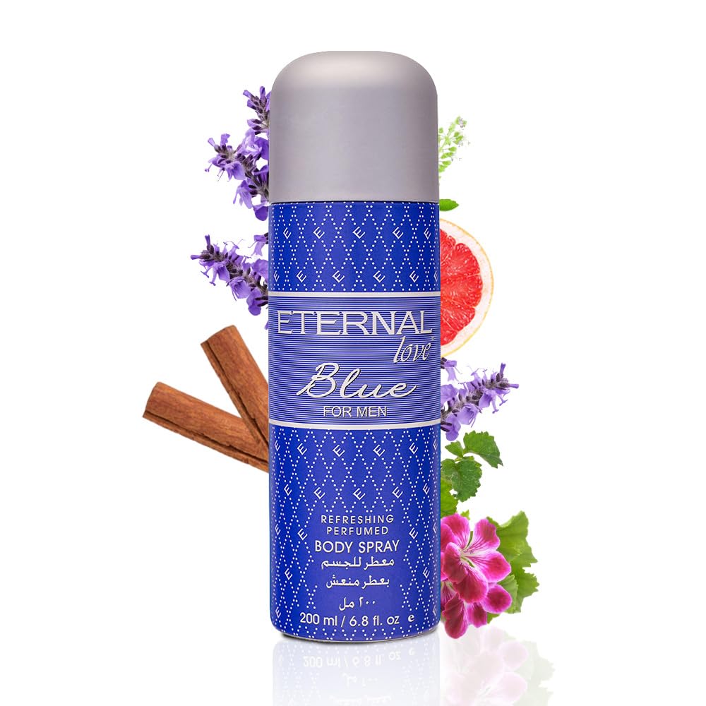 Blue and gray spray bottle labeled 'Eternal Love Blue' with floral and cinnamon elements on a white background