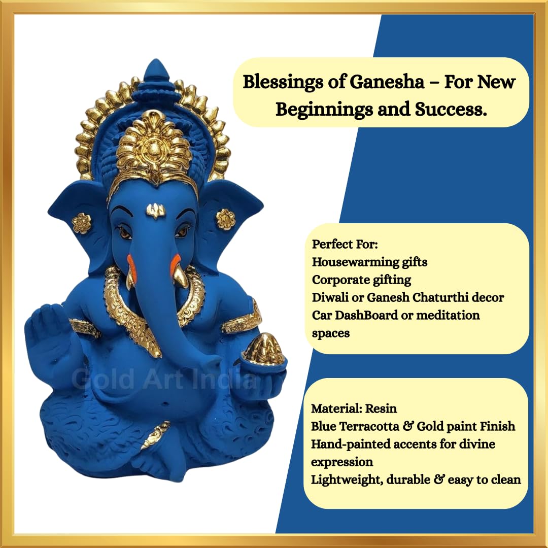 Gold Art India Blue Terracotta Ganesh Idol for Car Dashboard Small Ganesha Murti Ganpati Idol for Home Decor Puja Lord Ganesh Statue Gift for Office Desk Puja Room Figurine (3.5 Inches), Idol