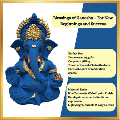 Gold Art India Blue Terracotta Ganesh Idol for Car Dashboard Small Ganesha Murti Ganpati Idol for Home Decor Puja Lord Ganesh Statue Gift for Office Desk Puja Room Figurine (3.5 Inches), Idol