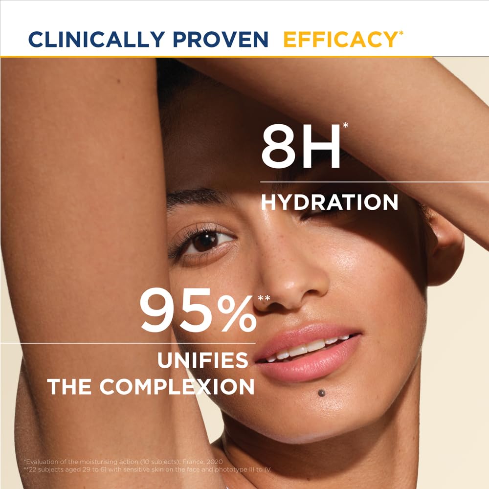 Advertisement for skincare product with a woman's face and text about 8H hydration and clinical proven efficacy.