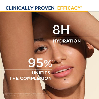 Advertisement for skincare product with a woman's face and text about 8H hydration and clinical proven efficacy.
