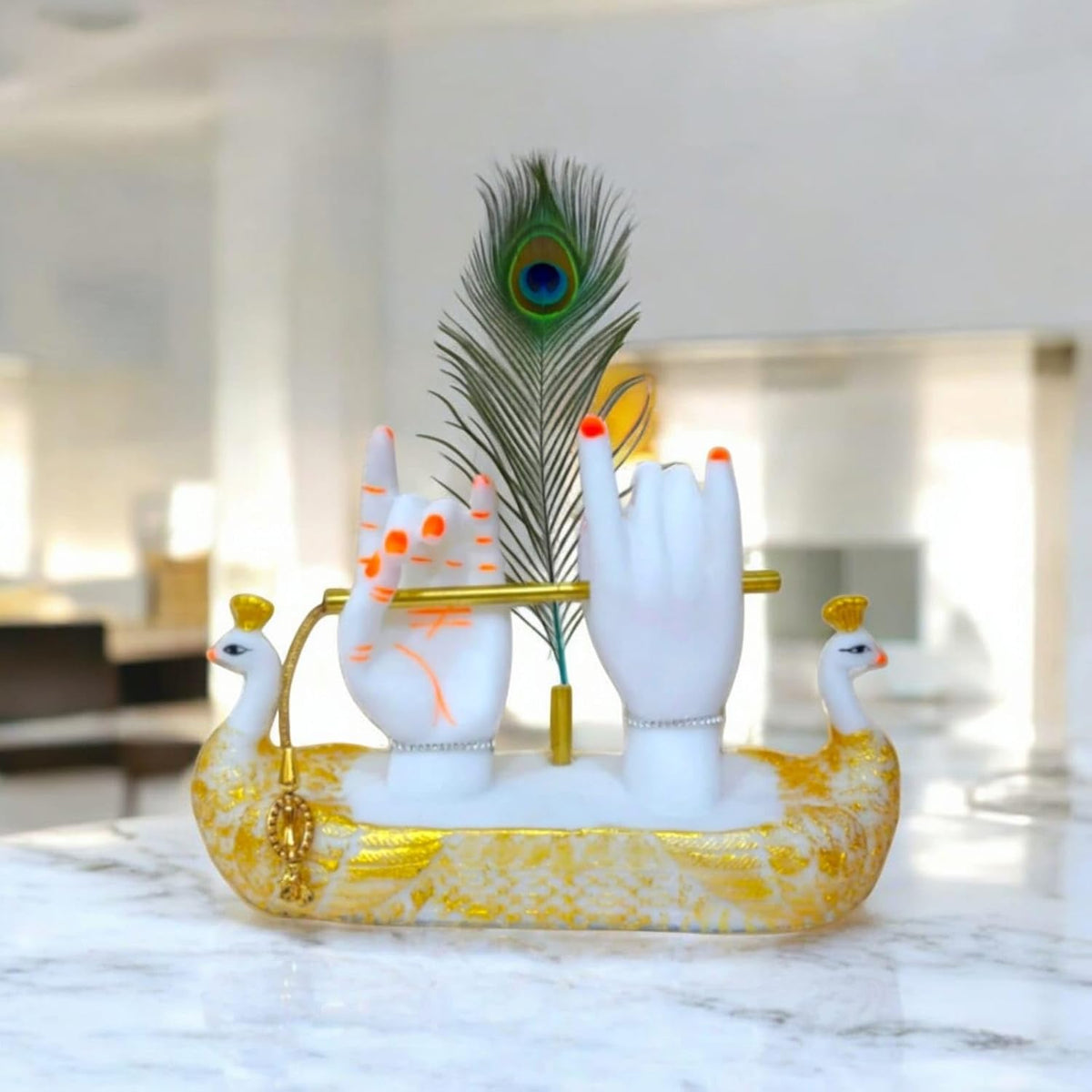 Krishna Hands with Flute Idol, Divine Hand Statue with Peacock Feather, White and Gold Decorative Figurine