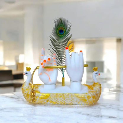 Krishna Hands with Flute Idol, Divine Hand Statue with Peacock Feather, White and Gold Decorative Figurine