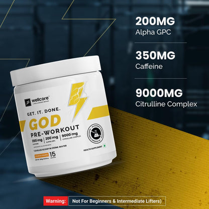 Wellcore - God Mode Pre Workout Supplement (285g Powder, 15 Servings) | Valencia Orange | Only For Serious Lifters | Pre Workout For Men And Women With Caffeine & Creatine