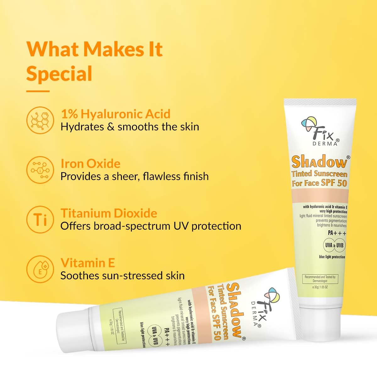 Fixderma Shadow Tinted Sunscreen SPF 50 PA+++ | Sunscreen with Vitamin E I Even Tone I Tinted Foundation Like Finish I UVA & UVB Protection | Lightweight, Broad Spectrum Protection I For All Skin Types - 30gm