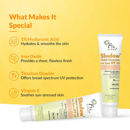 Fixderma Shadow Tinted Sunscreen SPF 50 PA+++ | Sunscreen with Vitamin E I Even Tone I Tinted Foundation Like Finish I UVA & UVB Protection | Lightweight, Broad Spectrum Protection I For All Skin Types - 30gm