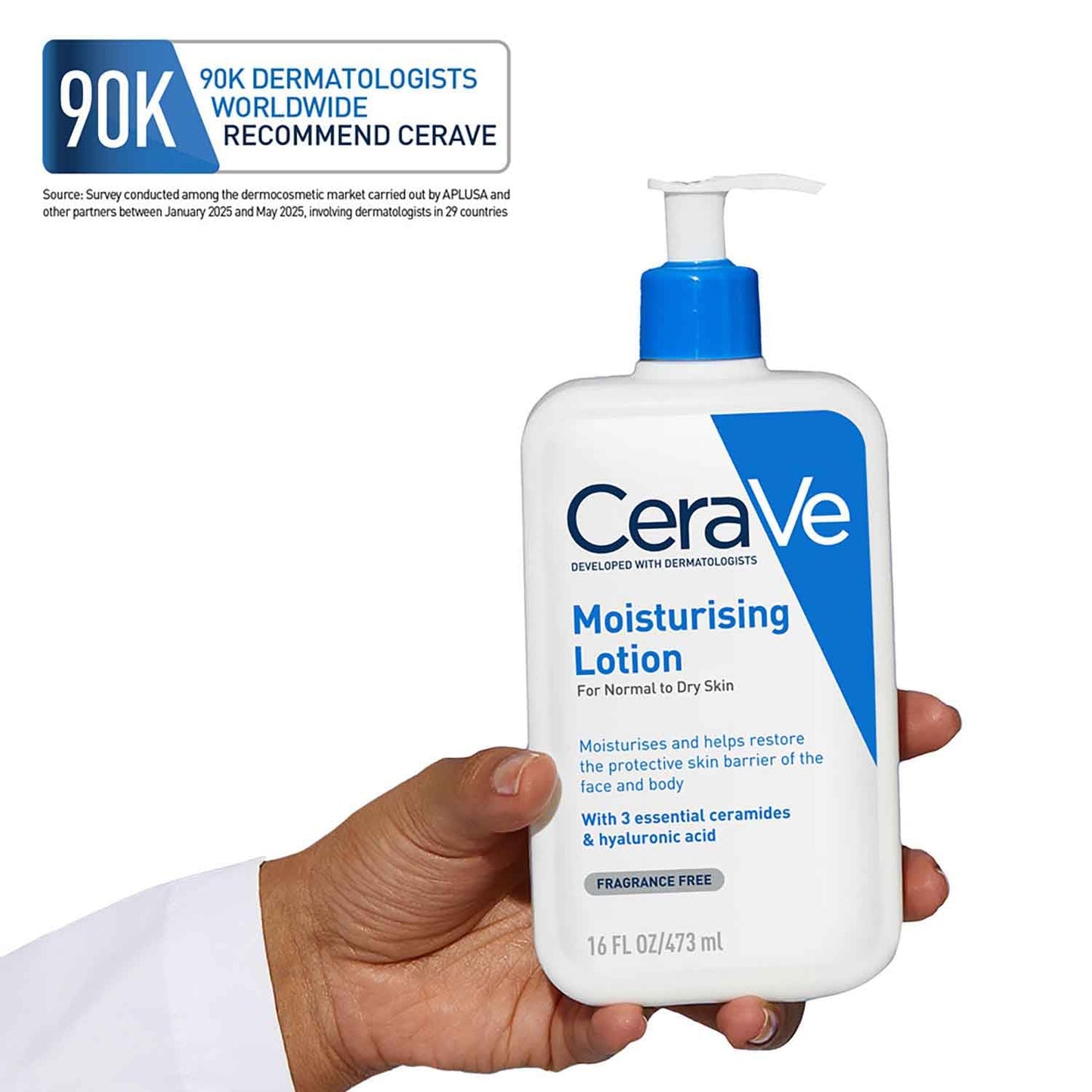 CeraVe moisturizing lotion held by a hand with a white background