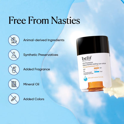 belif sunscreen stick with 'Free From Nasties' text and icons on a blue background