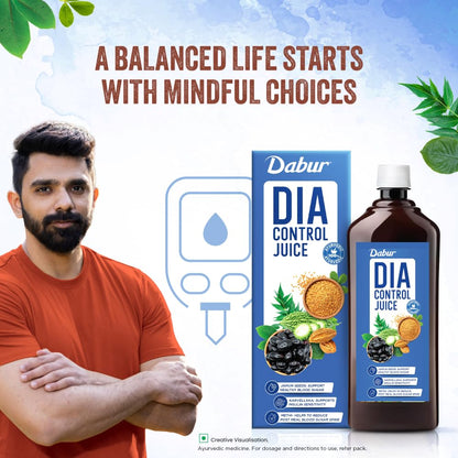 Dabur Dia Control Juice packaging with a man in an orange shirt and nature elements.