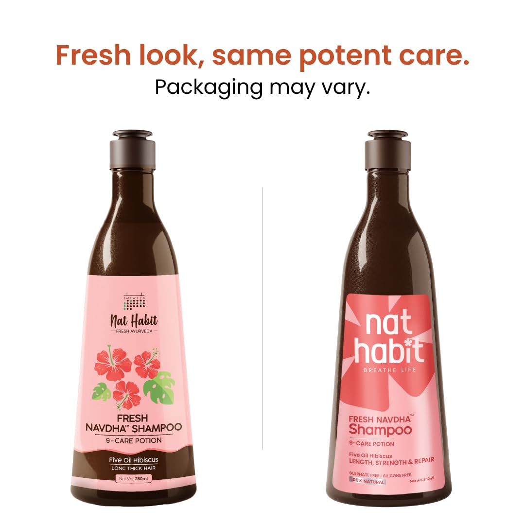 Two bottles of Nat Habit Fresh Navdha Shampoo on a white background with text about packaging variation.