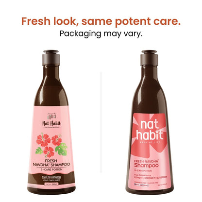 Two bottles of Nat Habit Fresh Navdha Shampoo on a white background with text about packaging variation.