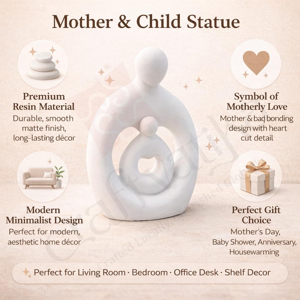 Mother & Baby Statue Showpiece, Resin Mother Child Figurine for Home Decor, Motherhood Sculpture, Housewarming Gift, Anniversary & Shower Gift for Mom-to-Be