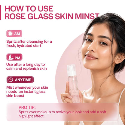 Suroskie Rose Glass Skin Mist 100ml | Rose Water Face Mist with Niacinamide, Hyaluronic Acid & Ceramide | Hydrating, Soothing & Glow Boosting Makeup Prep & Refresh Spray for All Skin Types