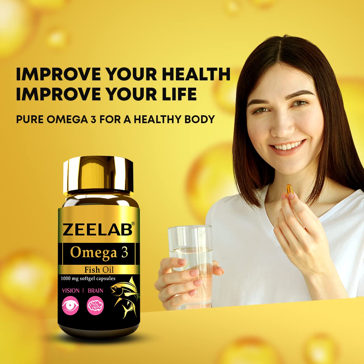 Woman holding a Zeelab Omega 3 supplement with text on a yellow background
