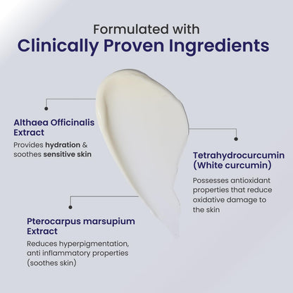 Product droplet with text on clinically proven ingredients on a light gray background