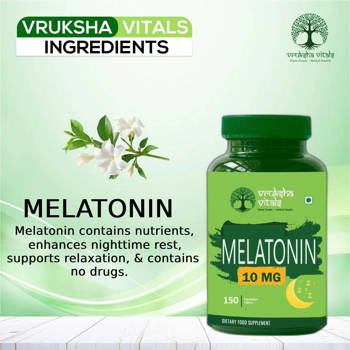Vruksha Vitals Melatonin supplement bottle with green background and branding.