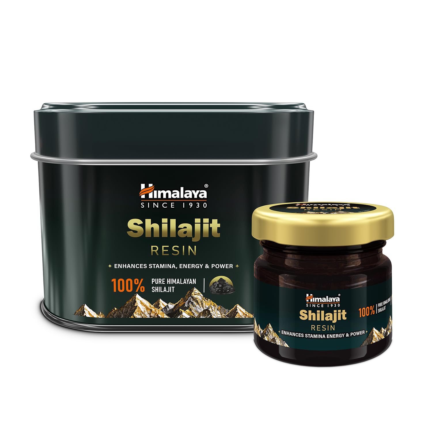 Himalaya Shilajit Resin packaging including a large tin and a smaller jar on a white background.