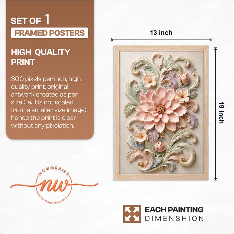 Floral Botanical Wall Painting with Frame, Premium Textured Flower and Leaf Artwork, Pastel Nature Wall Decor Framed for Living Room, Bedroom, Office and Home Decoration (Art-8,13x19inch)