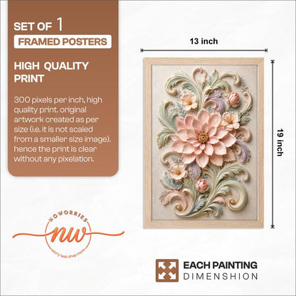 Floral Botanical Wall Painting with Frame, Premium Textured Flower and Leaf Artwork, Pastel Nature Wall Decor Framed for Living Room, Bedroom, Office and Home Decoration (Art-8,13x19inch)