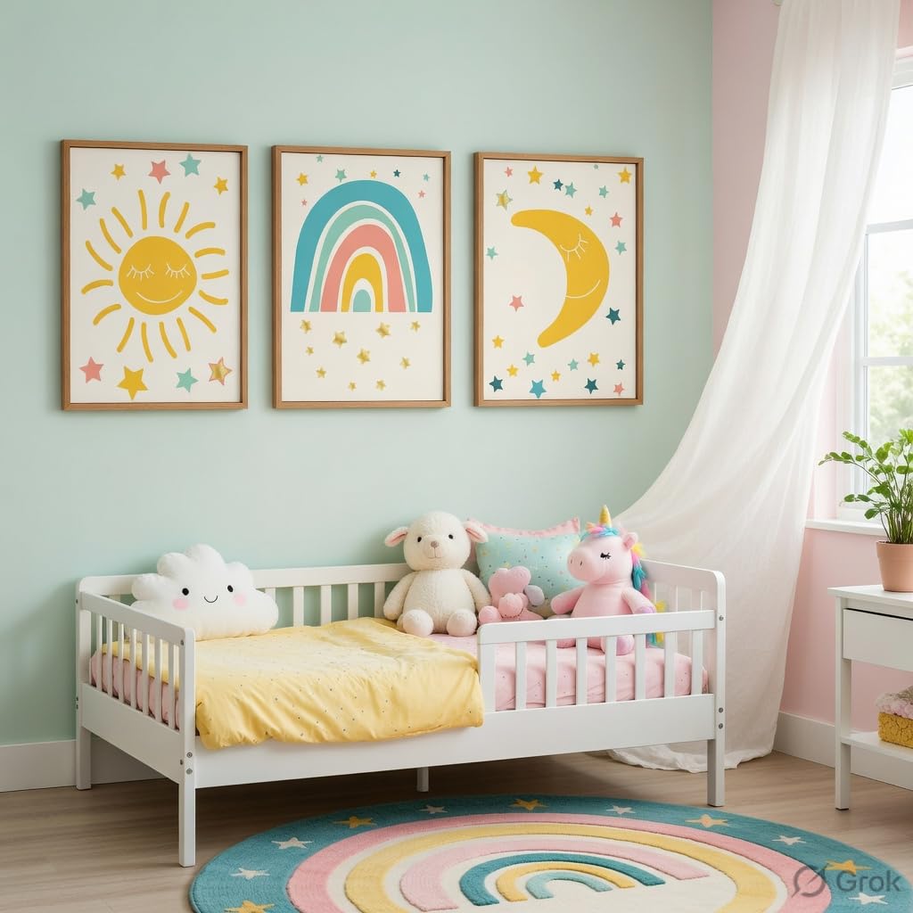 Kids Nursery Wall Painting Set of 3 with Wooden Frames | Sun Rainbow Moon Kids Room Wall Art | HD Sparkle Printed MDF Cartoon Wall Decor for Baby Room, Nursery, Playroom & Bedroom