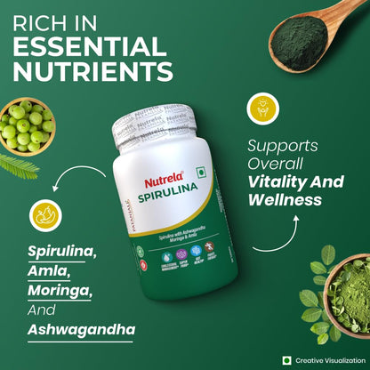 Nutrela Nutrition Spirulina Tablets | High-Protein Superfood | Rich in Vitamins, Minerals & Antioxidants | Boosts Immunity & Energy | Gluten-Free & GMO-Free | Vegan-Friendly
