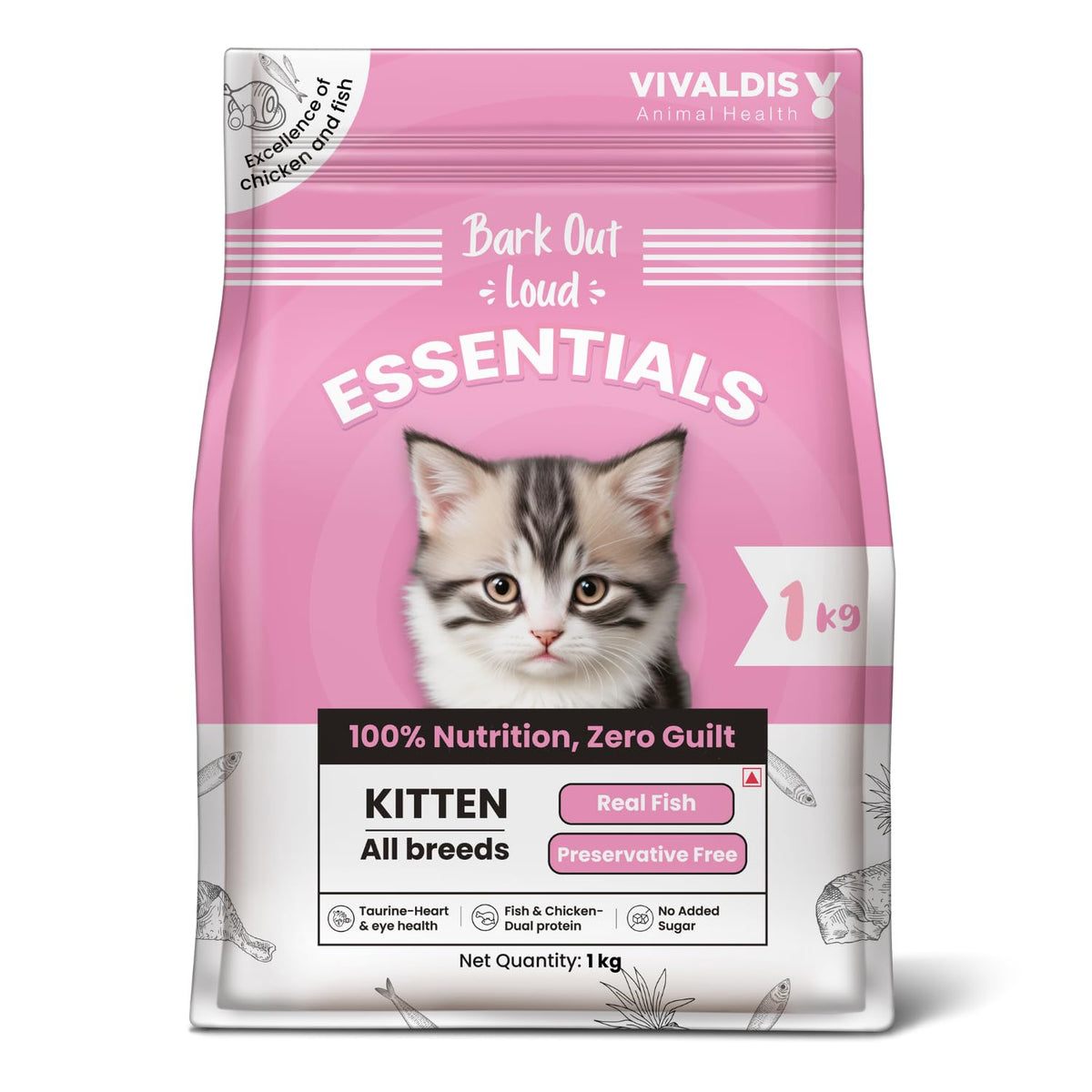 Bark Out Loud Essentials - Dry Kitten Food, Tailored Nutrition for Kittens, Fish & Chicken Kibbles with Added Taurine (1Kg)
