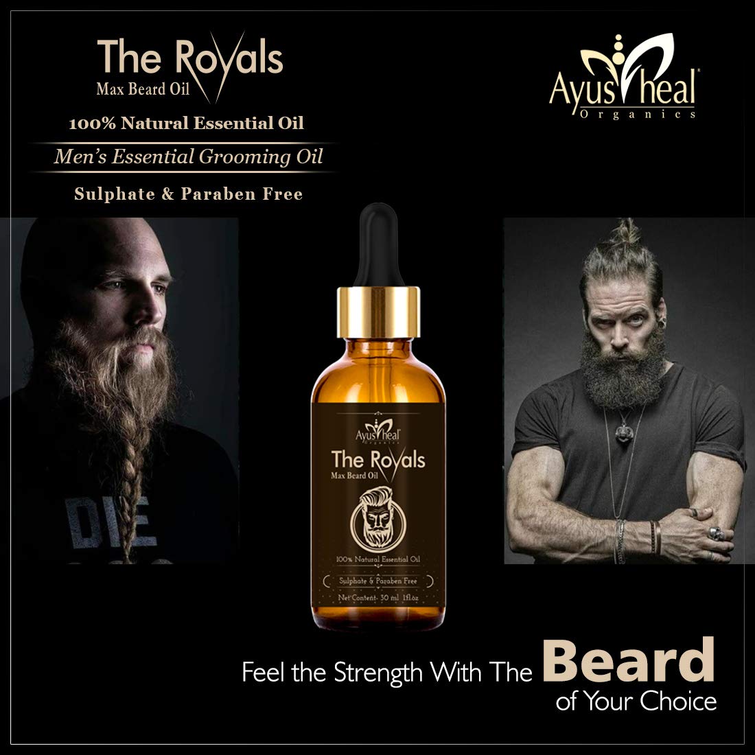 Bottle of 'The Royals' Max Beard Oil with two bearded men on a black background, featuring Ayushal Organics branding.