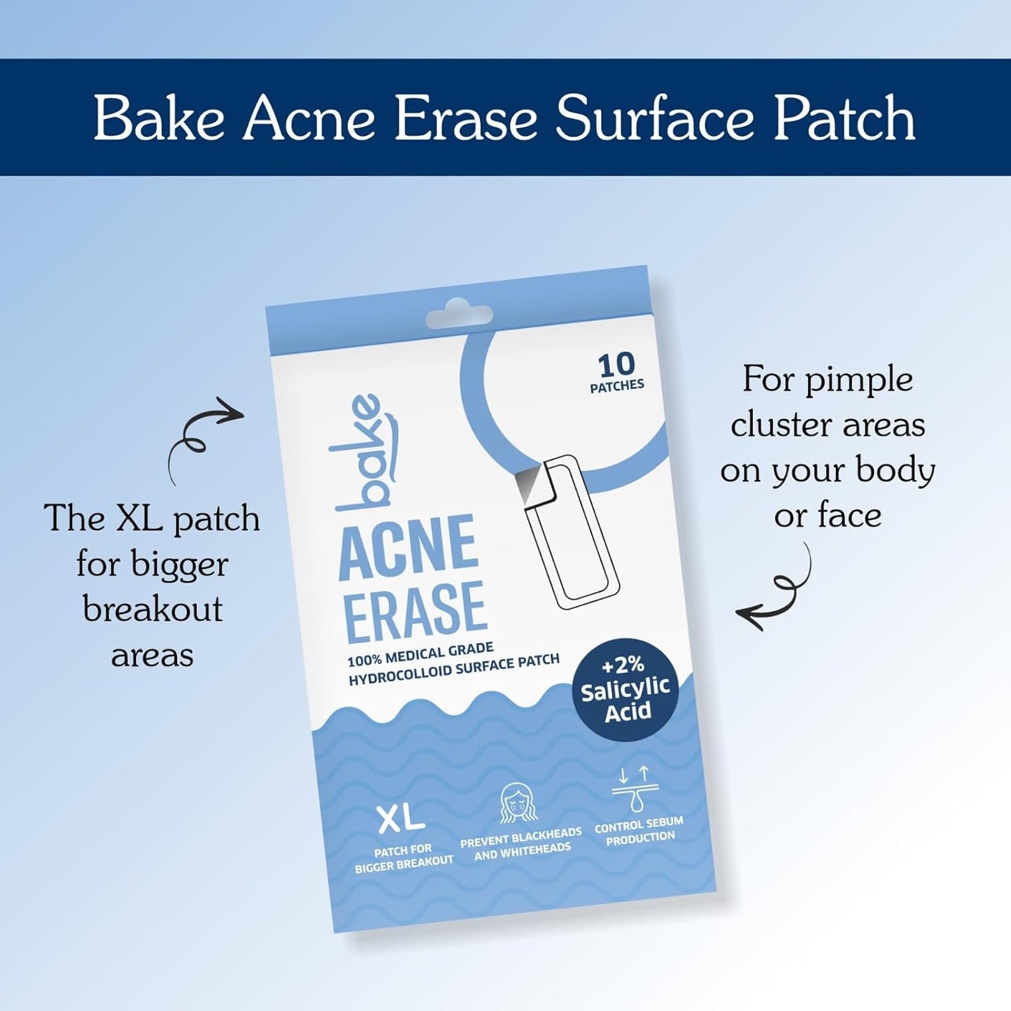 BAKE 2% Salicylic Acid Hydrocolloid Acne Absorbing (4 Patches) Surface Patch XL Pimple Patches for Blackheads Removal | Large Acne Erase Strips | Pore Cleansing & Reduces Whiteheads (10 Strips)