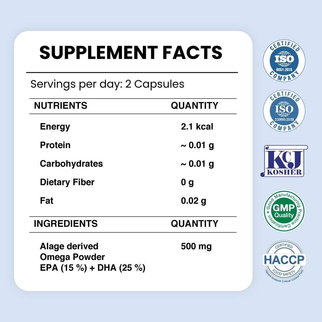 ZEROHARM Veg Omega (EPA 15% + DHA 25%) Capsules 500mg | Veg Omega Supplement for Men and Women | Supports Eyes, Skin, Muscles, Bones and Joints | Sourced from Algae | 60 Capsules