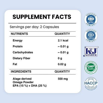 ZEROHARM Veg Omega (EPA 15% + DHA 25%) Capsules 500mg | Veg Omega Supplement for Men and Women | Supports Eyes, Skin, Muscles, Bones and Joints | Sourced from Algae | 60 Capsules