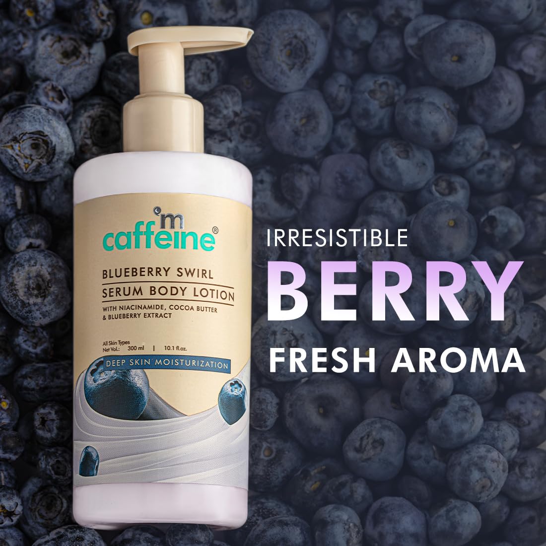 Serum body lotion with blueberries on a blueberry background