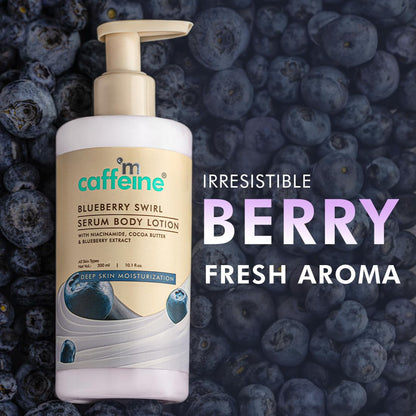 Serum body lotion with blueberries on a blueberry background