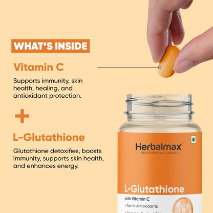 Herbalmax L-Glutathione Tablets with Vitamin C Skin Whitening, Brightening & Radiance Powerful Antioxidant & Immunity Booster Natural Detox Support 30 Tablets