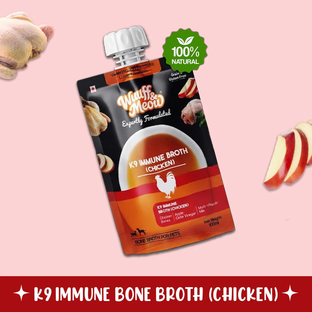 Wuuff & Meow Chicken Bone Broth for Dogs – K9 Immune | Natural Immunity & Gut Health Support Bone Broth for Dogs | Hydrating Pet Supplement (100 g (Pack of 1))