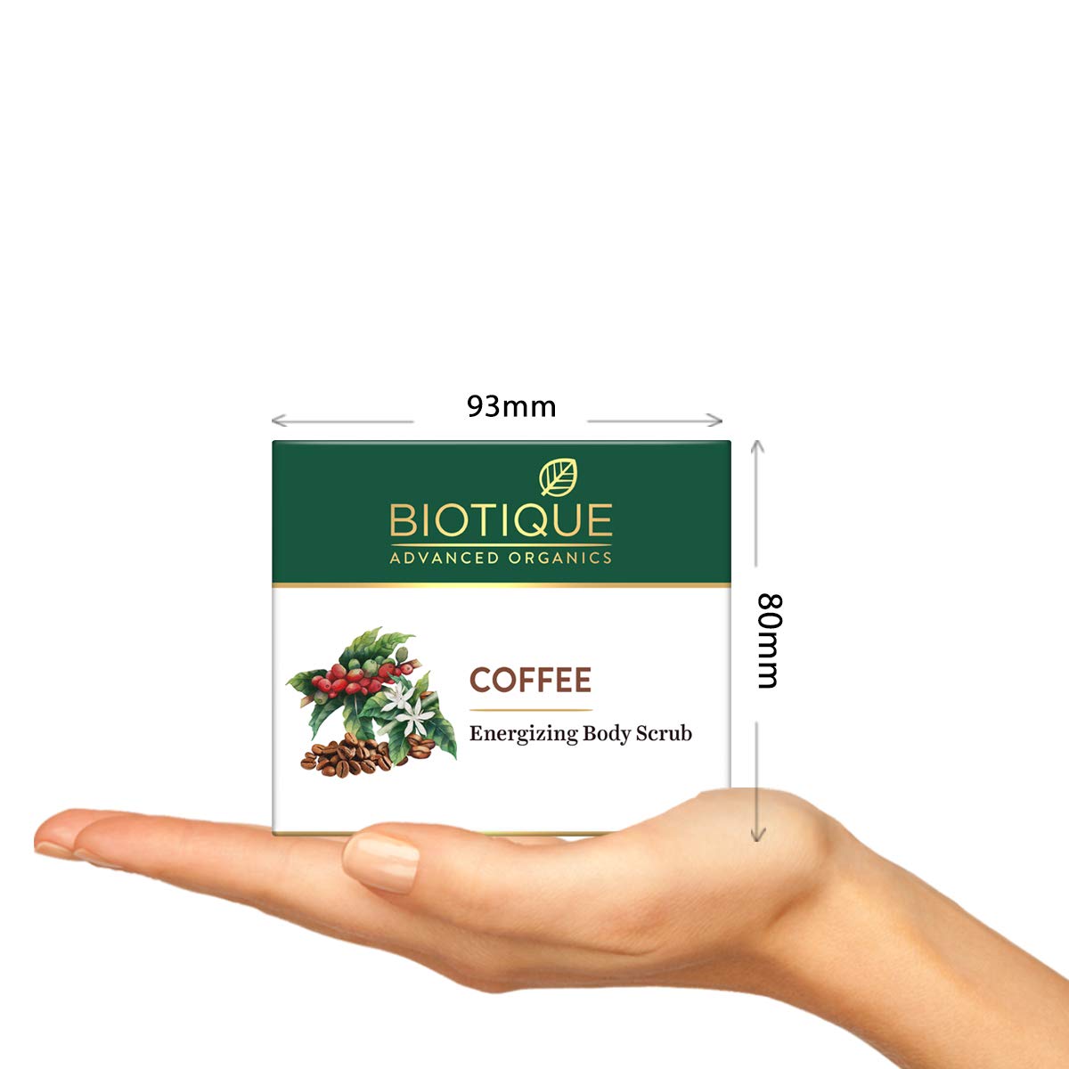 Biotique Coffee Energizing Body Scrub packaging held in a hand with dimensions indicated.