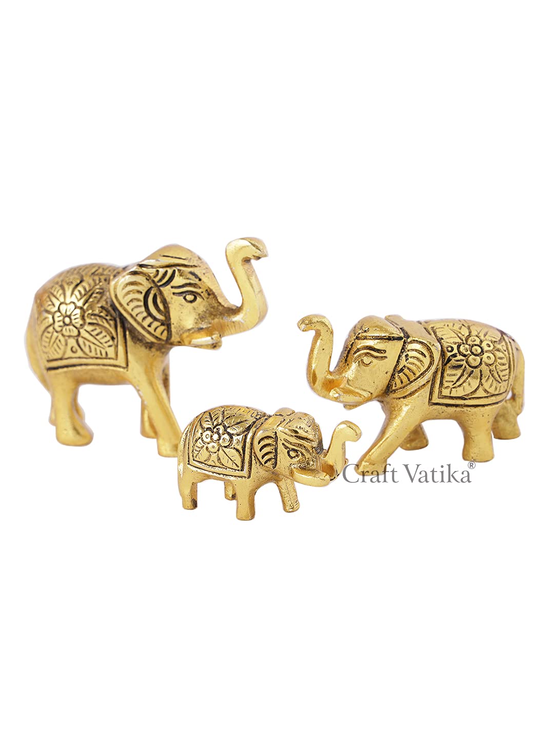 CraftVatika Set of 3 Metal Trunk Up Elephant Family Statue Showpiece Figurine -Fengshui Vastu Lucky - Decorative Items for Home Living Room Decor Living Room Office Desktop & Gifting,Corporate Gift