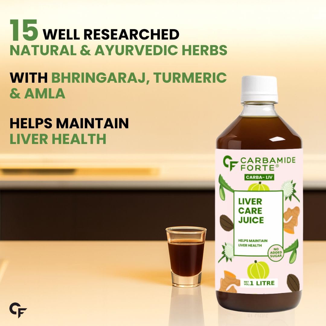 Bottle of Carbamide Forte Liver Care Juice with a glass on a reflective surface, against a gradient background.